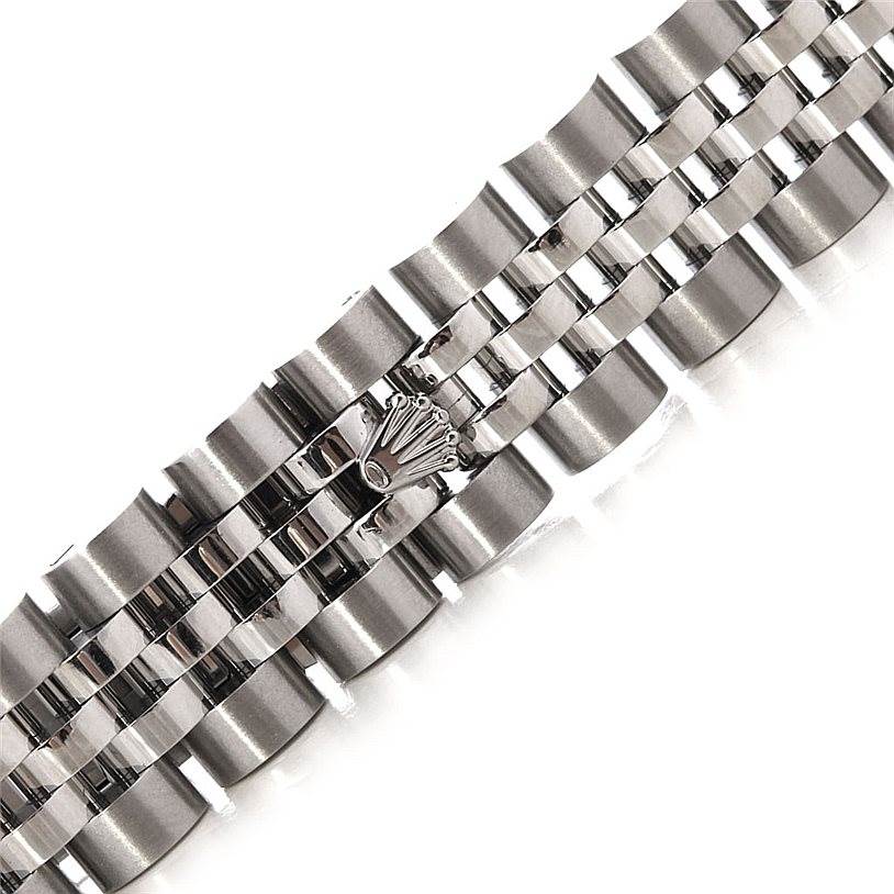 This image shows a close-up of the bracelet of a Rolex Datejust 179174 Women's Stainless Steel Pink Dial 179174 Women's Stainless Steel Pink Dial watch, highlighting the jubilee link design.