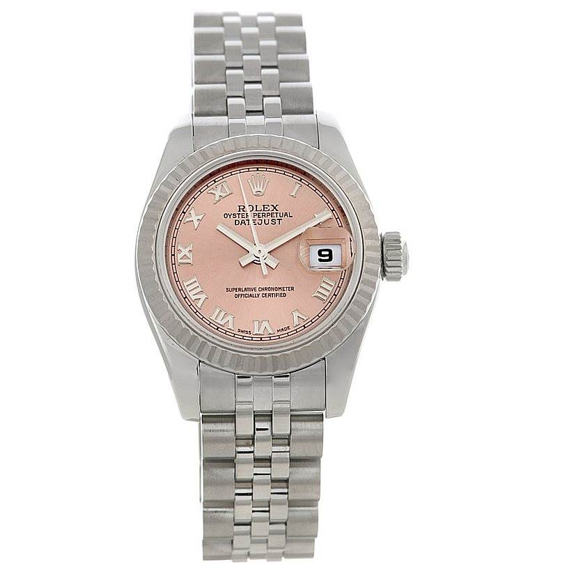 This image shows a Rolex Datejust 179174 Women's Stainless Steel Pink Dial 179174 Women's Stainless Steel Pink Dial watch from a top-down angle, featuring a pink dial and Jubilee bracelet.