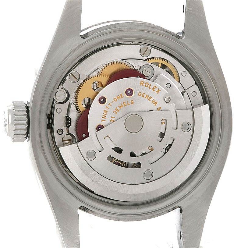 The image shows the movement and internal mechanism of a Rolex Datejust 179174 Women's Stainless Steel Pink Dial 179174 Women's Stainless Steel Pink Dial watch, viewed from the back.