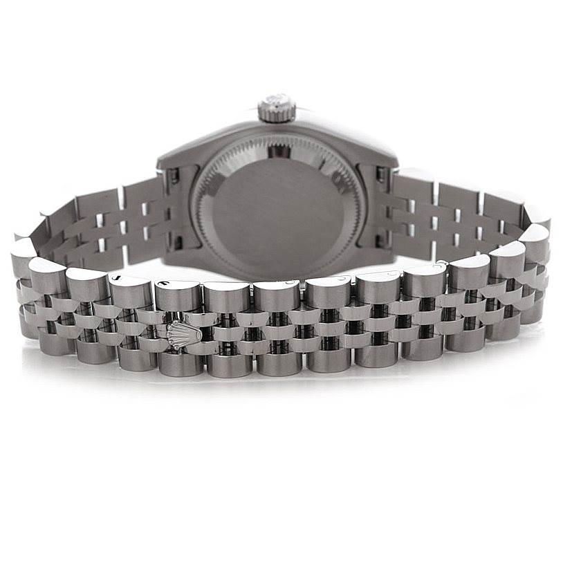 This image shows the back view of a Rolex Datejust 179174 Women's Stainless Steel Pink Dial 179174 Women's Stainless Steel Pink Dial watch, highlighting its bracelet and caseback.