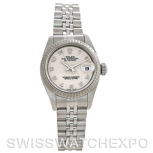 The image shows a front view of a Rolex Datejust 79174 Women's Stainless Steel Beige Dial 79174 Women's Stainless Steel Beige Dial watch, highlighting its face, bezel, and bracelet.
