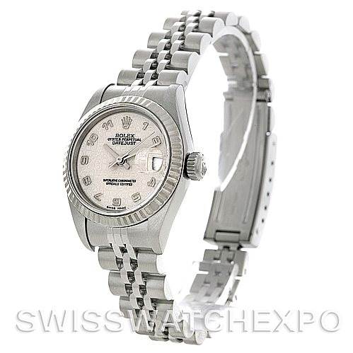 The image shows a Rolex Datejust 79174 Women's Stainless Steel Beige Dial 79174 Women's Stainless Steel Beige Dial watch at a slight angle emphasizing the face, bezel, crown, and jubilee bracelet.
