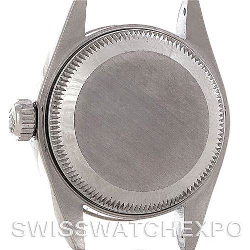 This image shows the back case and crown of a Rolex Datejust 79174 Women's Stainless Steel Beige Dial 79174 Women's Stainless Steel Beige Dial watch from a rear angle.