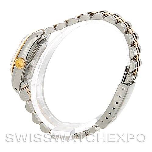 The image shows a side angle of a Rolex Datejust 69173 Women's Stainless Steel Champagne Dial 69173 Women's Stainless Steel Champagne Dial watch, highlighting its two-tone bracelet and crown.