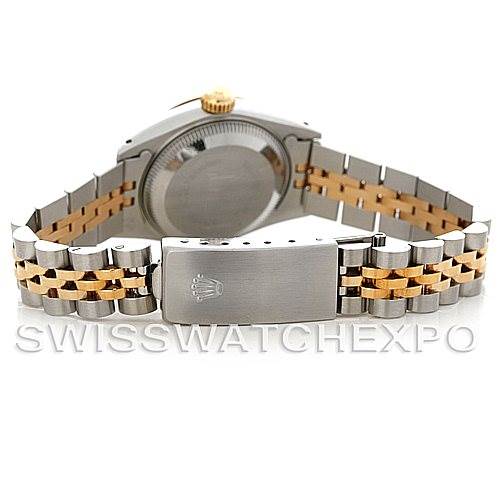 This image shows the back view of a Rolex Datejust 69173 Women's Stainless Steel Champagne Dial 69173 Women's Stainless Steel Champagne Dial watch, highlighting the bracelet and clasp.