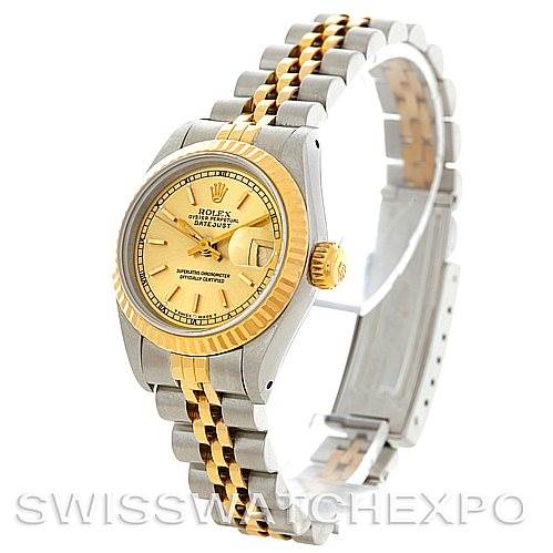 The image shows a Rolex Datejust 69173 Women's Stainless Steel Champagne Dial 69173 Women's Stainless Steel Champagne Dial watch at a three-quarter angle, highlighting the two-tone bracelet, bezel, and dial.