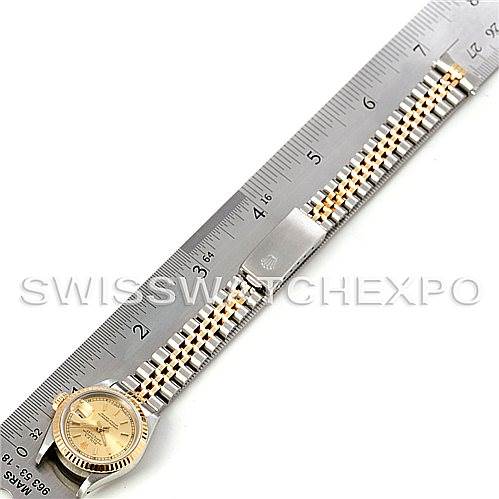The image shows a Rolex Datejust 69173 Women's Stainless Steel Champagne Dial 69173 Women's Stainless Steel Champagne Dial watch laid flat against a ruler, fully displaying its band and face.