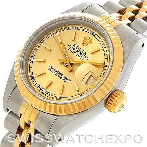 This image shows a Rolex Datejust 69173 Women's Stainless Steel Champagne Dial 69173 Women's Stainless Steel Champagne Dial watch at an angled view, highlighting the face, bezel, crown, and part of the bracelet.