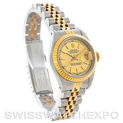 The image shows a Rolex Datejust 69173 Women's Stainless Steel Champagne Dial 69173 Women's Stainless Steel Champagne Dial watch at a three-quarter angle, highlighting the dial, bezel, and bracelet.