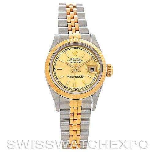 This image shows a front view of a Rolex Datejust 69173 Women's Stainless Steel Champagne Dial 69173 Women's Stainless Steel Champagne Dial watch, highlighting its gold bezel, gold dial, two-tone bracelet, and date display.