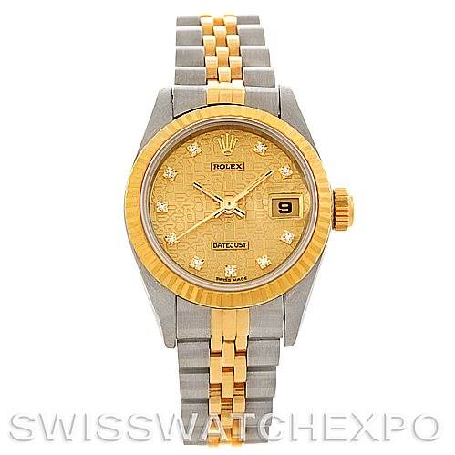 This image shows a frontal view of a Rolex Datejust 69173 Women's Stainless Steel Champagne Dial 69173 Women's Stainless Steel Champagne Dial watch, showcasing its face, bracelet, and bezel.