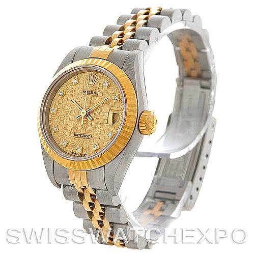 This image shows the front and side view of a Rolex Datejust 69173 Women's Stainless Steel Champagne Dial 69173 Women's Stainless Steel Champagne Dial watch, highlighting the bezel, dial, crown, and bracelet.