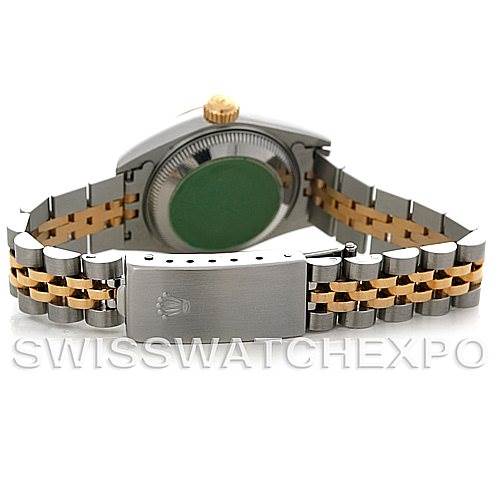 This image shows the back of the Rolex Datejust 69173 Women's Stainless Steel Champagne Dial 69173 Women's Stainless Steel Champagne Dial watch, featuring its clasp, bracelet, and case back.