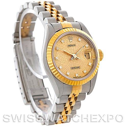 This image shows a side angle of a Rolex Datejust 69173 Women's Stainless Steel Champagne Dial 69173 Women's Stainless Steel Champagne Dial watch, highlighting the face, bezel, and two-tone Jubilee bracelet.