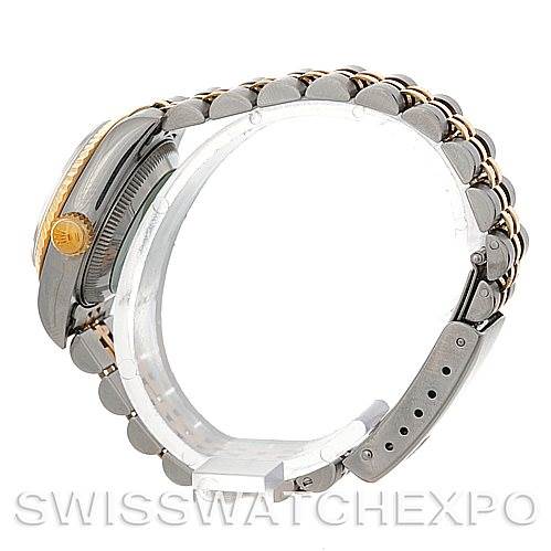 The image shows a side view of the Rolex Datejust 69173 Women's Stainless Steel Champagne Dial 69173 Women's Stainless Steel Champagne Dial watch highlighting the bracelet, side profile, and crown.