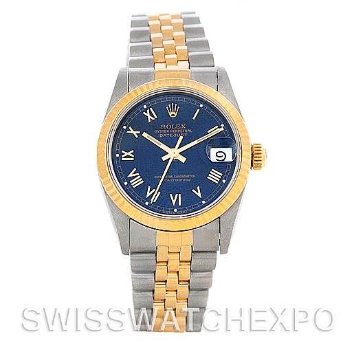 The image shows a front view of a Rolex Mid-Size 68273 Women's Stainless Steel Blue Dial 68273 Women's Stainless Steel Blue Dial Datejust watch, highlighting its blue dial, gold bezel, and two-tone bracelet.