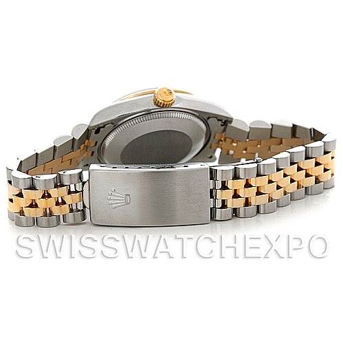 This image shows the back and clasp of a Rolex Mid-Size 68273 Women's Stainless Steel Blue Dial 68273 Women's Stainless Steel Blue Dial model watch, featuring a two-tone metal bracelet.