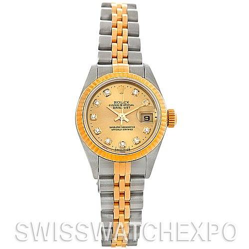 The image shows a Rolex Datejust 79173 Women's Stainless Steel Champagne Dial 79173 Women's Stainless Steel Champagne Dial watch from the front, highlighting the dial, bezel, and bracelet.