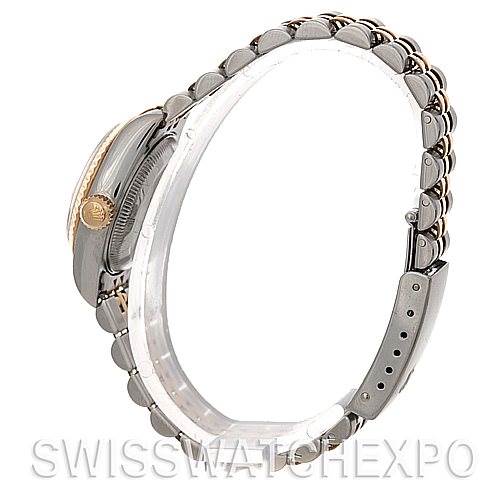 The image shows a side profile view of the Rolex Datejust 79173 Women's Stainless Steel Champagne Dial 79173 Women's Stainless Steel Champagne Dial watch, highlighting the bracelet and case.