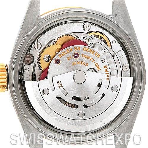 This image shows the movement of a Rolex Datejust 79173 Women's Stainless Steel Champagne Dial 79173 Women's Stainless Steel Champagne Dial model watch from a rear angle with the case back removed.