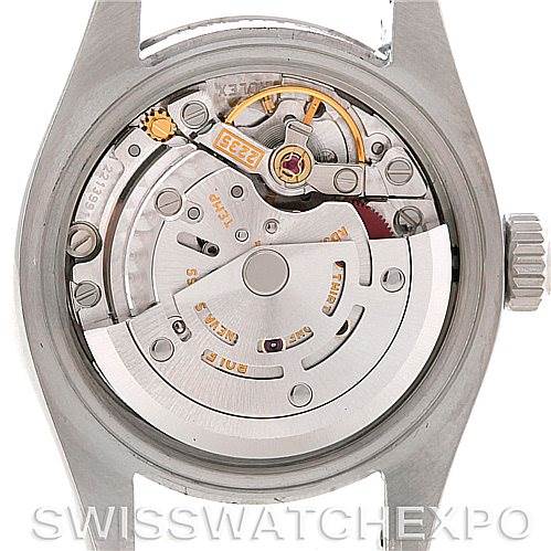 This image shows the back view of the Rolex Datejust 179174 Women's Stainless Steel Silver Dial 179174 Women's Stainless Steel Silver Dial watch, displaying its internal mechanism and movement components.