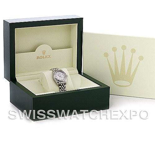 The image shows a Rolex Datejust 179174 Women's Stainless Steel Silver Dial 179174 Women's Stainless Steel Silver Dial model watch displayed in its box, including the case and cover with the Rolex logo.