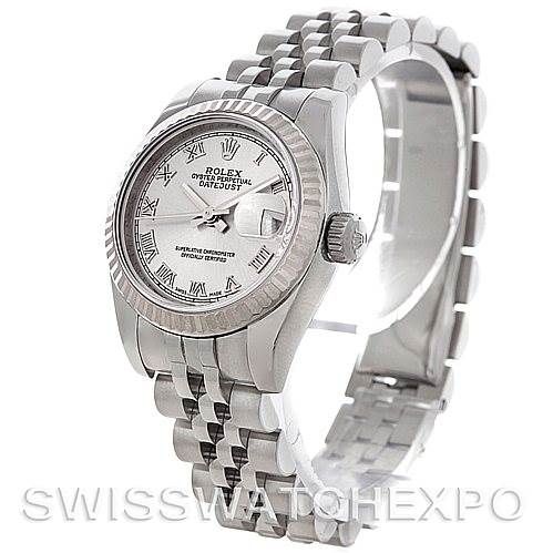 The image shows a Rolex Datejust 179174 Women's Stainless Steel Silver Dial 179174 Women's Stainless Steel Silver Dial watch viewed from an angled perspective, displaying the dial, bezel, and Jubilee bracelet.
