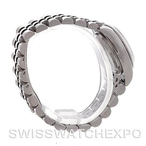 This image shows a side profile of a Rolex Datejust 179174 Women's Stainless Steel Silver Dial 179174 Women's Stainless Steel Silver Dial watch, highlighting the bracelet and the edge of the case.