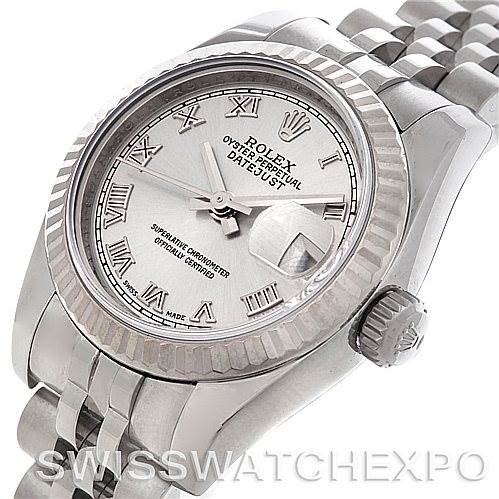 This image shows a Rolex Datejust 179174 Women's Stainless Steel Silver Dial 179174 Women's Stainless Steel Silver Dial watch from a slight top-side angle, highlighting the face, crown, and bracelet.