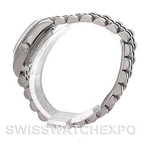 The image shows a side view of a Rolex Datejust 179174 Women's Stainless Steel Silver Dial 179174 Women's Stainless Steel Silver Dial watch, highlighting the crown, case, and bracelet.