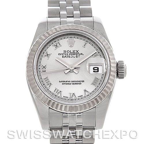 This image shows a front view of a Rolex Datejust 179174 Women's Stainless Steel Silver Dial 179174 Women's Stainless Steel Silver Dial watch, highlighting the face, bezel, crown, and part of the bracelet.