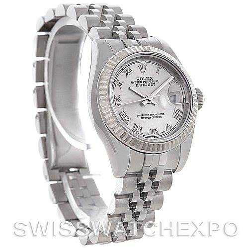 The image shows a Rolex Datejust 179174 Women's Stainless Steel Silver Dial 179174 Women's Stainless Steel Silver Dial watch at a three-quarter angle, highlighting its bezel, dial, and bracelet.