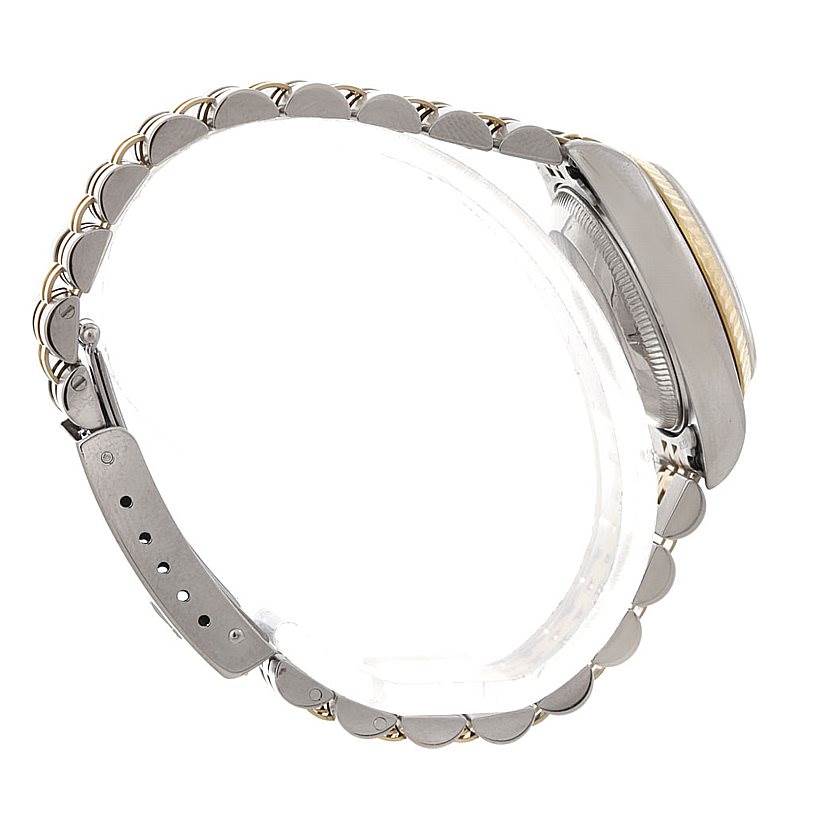 The image shows a side profile of a Rolex Datejust 69173 Women's Stainless Steel White Dial 69173 Women's Stainless Steel White Dial watch focusing on the bracelet and side of the case.