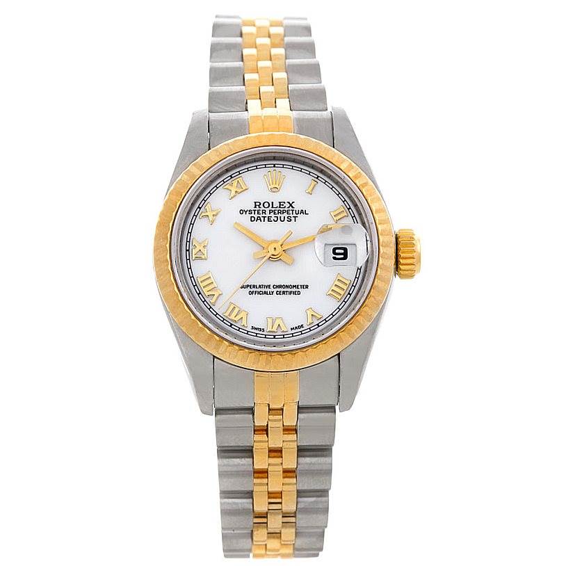 This image shows a Rolex Datejust 69173 Women's Stainless Steel White Dial 69173 Women's Stainless Steel White Dial watch from the front, displaying the face, bezel, crown, and bracelet.