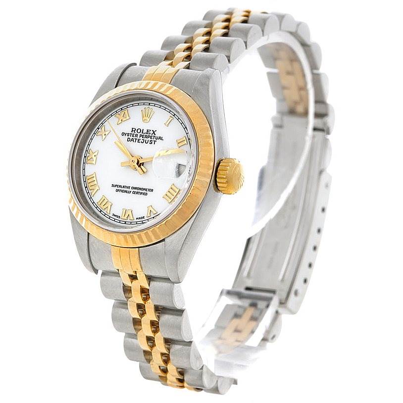 The image shows a Rolex Datejust 69173 Women's Stainless Steel White Dial 69173 Women's Stainless Steel White Dial watch with a two-tone bracelet, fluted bezel, and white dial, angled from the front-right.