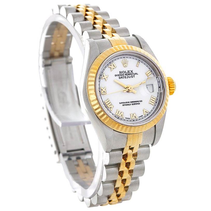 The image shows a Rolex Datejust 69173 Women's Stainless Steel White Dial 69173 Women's Stainless Steel White Dial watch at an angle highlighting the face, crown, and two-tone bracelet.