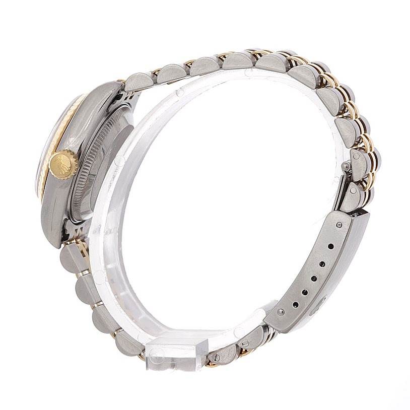 This image shows a side view of the Rolex Datejust 69173 Women's Stainless Steel White Dial 69173 Women's Stainless Steel White Dial, highlighting its case, crown, and two-tone bracelet.