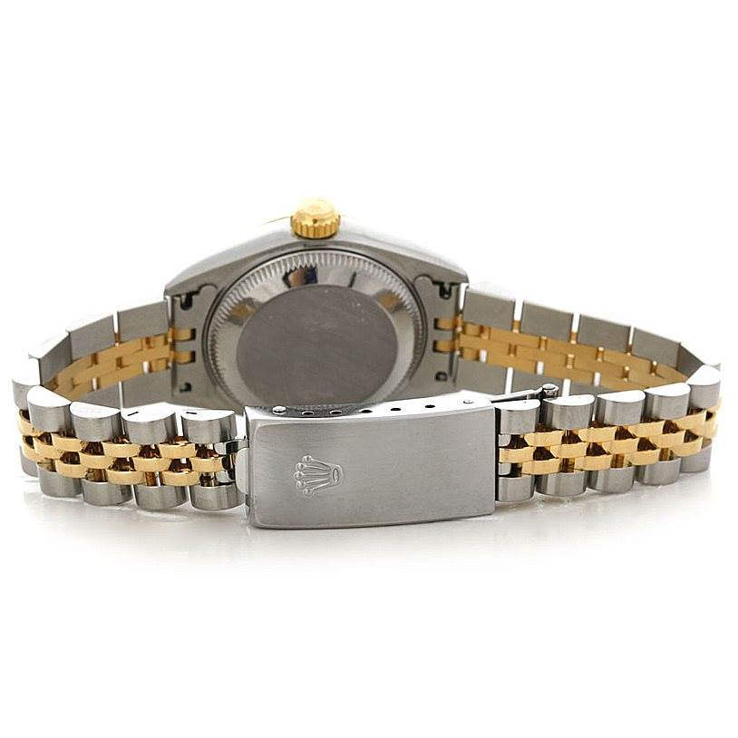 This image shows the back of a Rolex Datejust 69173 Women's Stainless Steel White Dial 69173 Women's Stainless Steel White Dial watch, highlighting its two-tone bracelet and clasp.