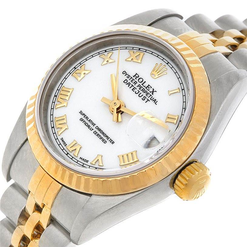This image shows an angled view of a Rolex Datejust 69173 Women's Stainless Steel White Dial 69173 Women's Stainless Steel White Dial watch, highlighting its white dial, gold Roman numeral markers, and two-tone bracelet.