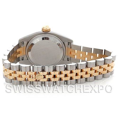 This image shows the back and bracelet of a Rolex Datejust 179173 Women's Steel and Gold (two tone) Champagne Dial 179173 Women's Steel and Gold (two tone) Champagne Dial watch, featuring a two-tone silver and gold Jubilee band.