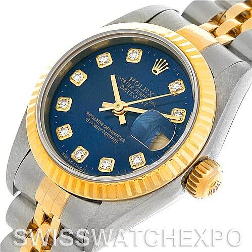 This image shows a Rolex Datejust 79173 Women's Stainless Steel Blue Dial 79173 Women's Stainless Steel Blue Dial watch from an angled top view, highlighting the dial, bezel, crown, and jubilee bracelet.