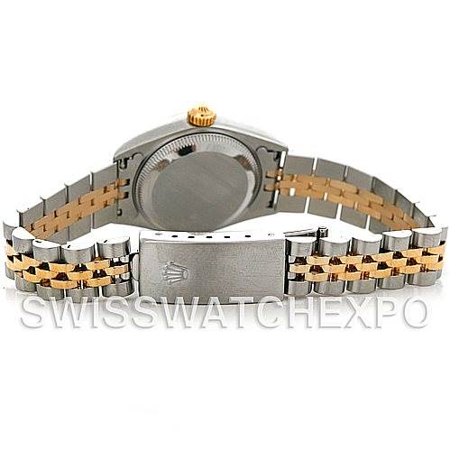 The image shows the back view of a Rolex Datejust 79173 Women's Stainless Steel Blue Dial 79173 Women's Stainless Steel Blue Dial watch, highlighting its two-tone bracelet and clasp.