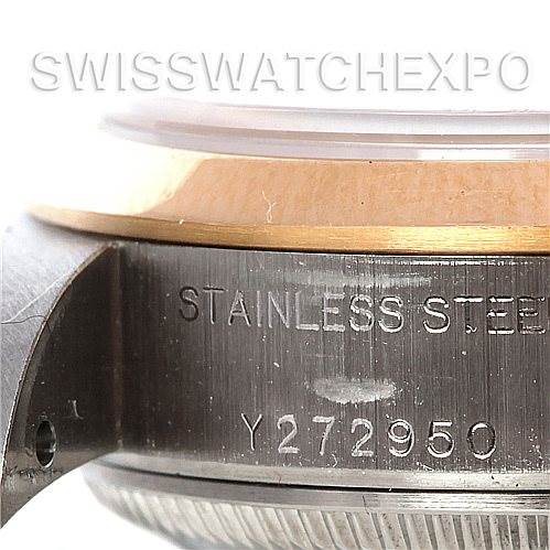 The image shows the side profile of a Rolex Datejust 79163 Women's Steel and Gold (two tone) Black Dial 79163 Women's Steel and Gold (two tone) Black Dial watch, highlighting its stainless steel case and partial serial number.
