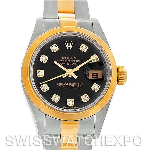 This image shows a front view of the Rolex Datejust 79163 Women's Steel and Gold (two tone) Black Dial 79163 Women's Steel and Gold (two tone) Black Dial watch, highlighting the black dial, gold bezel, and two-tone bracelet.