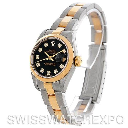 The image shows a Rolex Datejust 79163 Women's Steel and Gold (two tone) Black Dial 79163 Women's Steel and Gold (two tone) Black Dial watch with a black dial, diamond hour markers, and a two-tone metal bracelet, viewed at a slight angle.