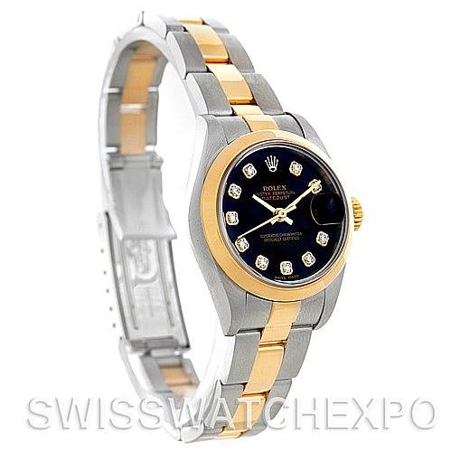 This Rolex Datejust 79163 Women's Steel and Gold (two tone) Black Dial 79163 Women's Steel and Gold (two tone) Black Dial watch is shown at a slight angle displaying the front face, bezel, and part of the bracelet.