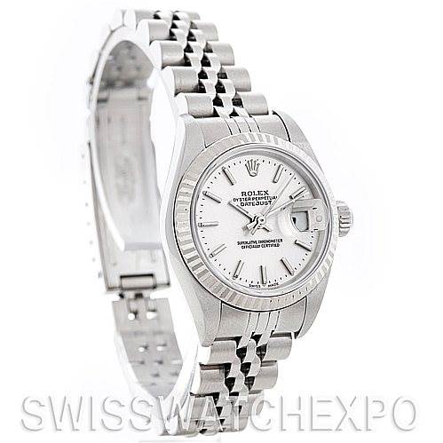The image shows a Rolex Datejust 79174 Women's Stainless Steel Silver Dial 79174 Women's Stainless Steel Silver Dial watch angled slightly from the front, displaying the face, crown, and bracelet prominently.