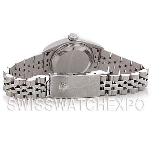 This image shows the back of a Rolex Datejust 79174 Women's Stainless Steel Silver Dial 79174 Women's Stainless Steel Silver Dial watch, focusing on the clasp, bracelet, and case back.
