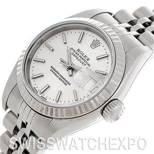 The image shows a close-up angled view of a Rolex Datejust 79174 Women's Stainless Steel Silver Dial 79174 Women's Stainless Steel Silver Dial, focusing on the face, case, and part of the bracelet.