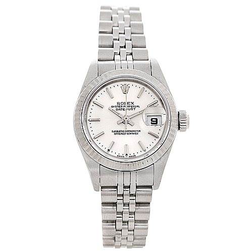 The image shows a front view of a Rolex Datejust 79174 Women's Stainless Steel Silver Dial 79174 Women's Stainless Steel Silver Dial watch displaying the face, bracelet, and date window.